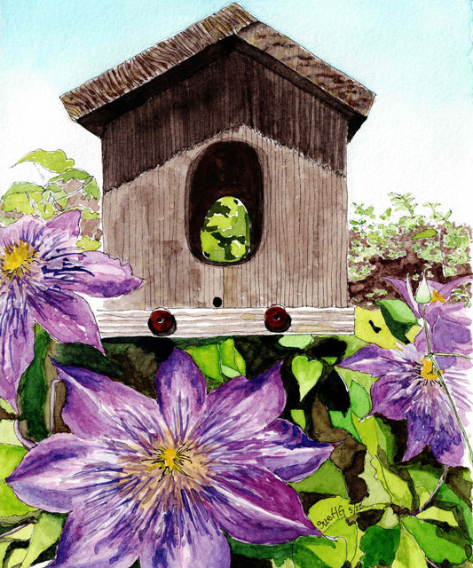 Clematis and birdhouse